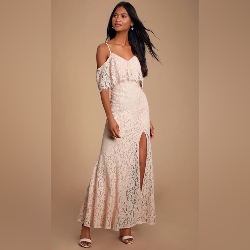 NWT Lulus Declare My Love Cream Lace Cold-Shoulder Mermaid Maxi Dress Size S